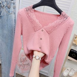 New design women's sexy v-neck cute lace patchwork long sleeve knitted bodycon tunic single breasted sweater top jumper