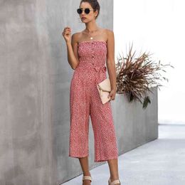 Summer Floral Print Wide Leg Jumpsuits Women Sexy Strapless Button Lace Up Pocket Ladies Playsuit Elegant Cotton Casual Overalls 210507