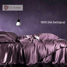 Liv-Esthete 100% Silk Beauty Bedding Set Silky Healthy Purple Duvet Cover Flat Sheet Pillowcases Queen King Bed Linen 210615