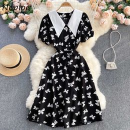 Neple French Temperament Dress Women High Waist Hip A Line Slim Vestidos Peter Pan Collar Short Sleeve Print Robe Summer 2021 C0607