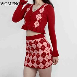 WOMENGAGA Autumn Women Button Front Argyle Cropped Knit Cardigan And Mini Skirt Sexy Girl Female Set 0I3I 210603