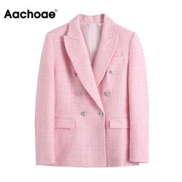 Aachoae Elegant Double Breasted Suit Blazer Women Notched Collar Office Wear T Jacket Ladies Long Sleeve Outerwear Coats X0721