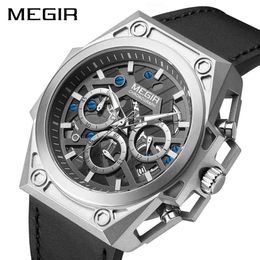 MEGIR Stainless Steel Mens Watches Waterproof Sports Men Quartz Wristwatches Chronograph Stop Watches for Man Male Clock Hour 210329