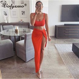 Colysmo Summer Two Piece Set Low Cut Vest Long Skirt Casual Beach Party 2 Women Hight Side Sexy Club Outfits 210527