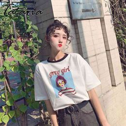 Tataria Women Summer Appliques White T-shirts Character Printed Short-sleeved Ins Fashion Loose Casual T-shirt 210514