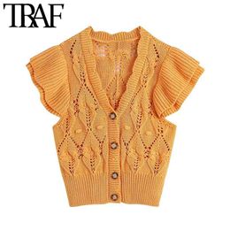 Women Fashion With Ruffles Cropped Knitted Vest Sweater Vintage Sleeveless Button-up Female Waistcoat Chic Tops 210507