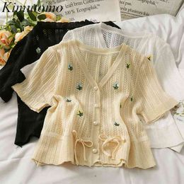 Kimutomo Hollow Out Short Sleeve Blouse Women Summer Fresh Style Single Breasted V-neck Short Open Umbilical Shirt Casual 210521