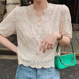 Summer Hollow V-neck Lace Blouse Women Korean Chic Sweet Short Sleeve Tops Ladies Fashion Loose Floral Shirts Blusas 13920 210512