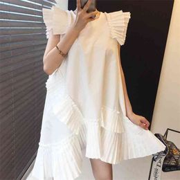 Korean Summer Solid Vintage White Black Mini Dress Women Sleeveless Pleated Ruffles Ladies Casual Loose Sundress Robe Femme 210514