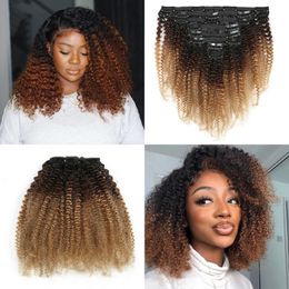 T 1B/4/27 Human Hair Clip in Extensions Afro Kinky Curly 8pcs/set Ombre Color Peruvian Remy Hair Bundles 120g