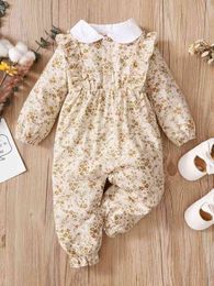 Baby ditsy floral print contrast collar ruffle trim Jumpsuit SHE