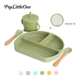 Customizable 100% Food Grade Silicone Material Baby Training Tableware Set Fork Spoon Straw Cup With Lid Dinner Plate G1210