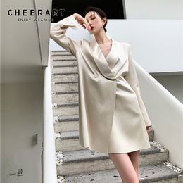 Autumn Satin Blazer Women Beige Double Breasted Ladies Elegant Coats And Jackets Korean Outerwear 210427