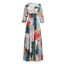 Vintage Print Summer Single-breasted DrWomen 2019 Elegant Night Long Party Dresses Boho Style V Neck Beach Maxi DrFemale X0621