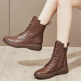 Boots Oxfords Shoes Women Leather Round Toe Ankle Military Low Flat Heel Lace Up Casual Comfort 34 35 36 37 38 39 40