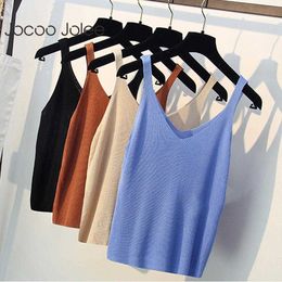 Jocoo Jolee Knitted Solid Sleeveless Tank Tops V-Neck Women Summer Camisole Vest Casual Basic Loose Ladies Sexy Strappy Tee 210619