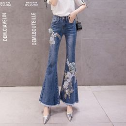 Embroidery Flower Jeans Fashion Europe Style Women Beading Flare Skinny Denim Pants Female Jean Trousers A3219 210428