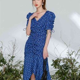 V-neck Drawstring Lace Dress Fashion Sexy Irregular Short Sleeve Summer Women Plus Size Print Clothing 210601