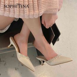 SOPHITINA Trendy Slippers Female Outside Wear Chain Pointed Toe Shoes Handmade Thin Heel Luxury Women's Shoes AO563 210513
