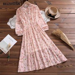 Elegant Stand Collar Ruffles Women Dress Long Sleeve Plaid Female Chiffon Pleated Pink Blue Spring Vestidos Femme 210520