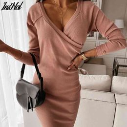 Sexy V-Neck Wrapped Knitted Dress Women Autumn Solid Sheath Sweater Dresses Women Bodycon Party Slim Dresses 210514
