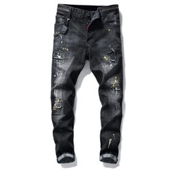 Men Badge Rips Stretch Black Jeans Men's Fashion Slim Fit Washed Motocycle Denim Pants Panelled Hip HOP Trousers 10200