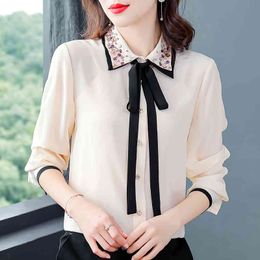 Korean Women Silk Shirts Blouses Woman Satin Diamonds Long Sleeve Blouse Tops Plus Size Bow Tie 210427