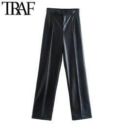 TRAF Women Fashion Faux Leather Straight Pants Vintage High Waist Zipper Fly Female Trousers Mujer 220311
