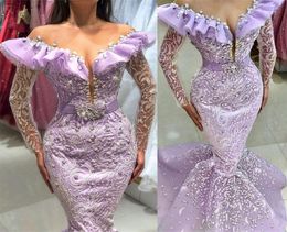 Aso Ebi 2021 Arabic Plus Size Lilac Luxurious Mermaid Evening Dresses Lace Beaded Crystals Prom Formal Party Second Reception Gowns ZJ473