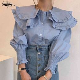 Korean Loose Button Up Shirt Spring Long Sleeve Blue Women Blouse Chic Double-layer Collar Ruffle Elegant Slim Tops 13804 210508