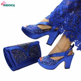 Latest Sexy Women High Quality Italian Ladies Shoes and Bag Set in Royal Blue Colour with Shinning Crystal for Wedding 210624