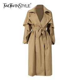 Khaki Ruffle Cloak Windbreaker For Women Notched High Waist Ruched Belt Bowknot Trench Coat Female Fashion 210524