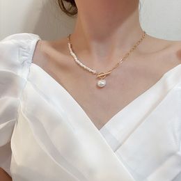 Korean Vintage Natural Freshwater Pearl Necklaces for Women Gold Colour Link Chain Asymmetric Toggle Clasp Circle Choker Necklace