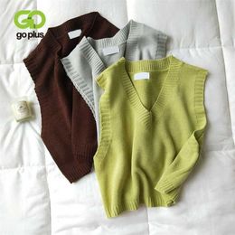 GOPLU V-Neck Knitted Vest Spring Autumn Sweater Vests Short Female Casual Sleeveless Twist Knit Pullovers C9510 211011