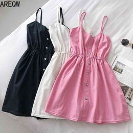 New Summer Clothes Halter Dress Women FashionV Neck Sleeveless Cuty Cotton White Dresses 210325