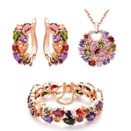 3pcs Pack 2021 Luxury Rose Gold Color Necklace Earrings Bracelet Set For Women Lady Anniversary Gift Jewelry Bulk J5785