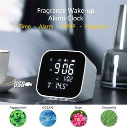 Fragrance Wake-up Alarm Clock for Bedroom Multifunctional Temperature Display Essential Oil Diffuseer 12/24H Snooze USB Charger 210804