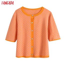 Tangada Women Orange Plaid Pattern Cardigan Vintage Jumper Lady Fashion Knitted Cardigan Coat BE944 210609