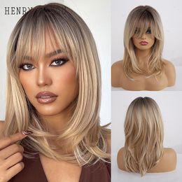 Ombre Brown Blonde Synthetic Wig for Women Natural Layered Cosplay Daily Wig with Bangs Heat Resistant Medium Lengthfactory dir