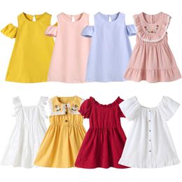 2021 Yellow Solid Dresses For Kids Cotton Girls Summer Off-shoulder Children Short Sleeve Dress Q0716