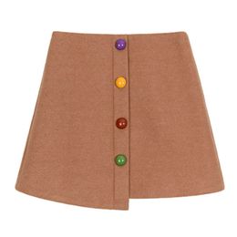 PERHAPS U Women Blended Skirts A-Line Solid Mini Short Autumn Winter Chic Elegant Zipper Black Khaki Colourful Button Think S0250 210529