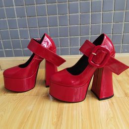 Women Ladies Patent Leather Super 15cm High Heel Shoes 4.5cm Platform Pumps One-line Pine Cake Thick Bottom Sexy Dance Party Wedding Buckle Dress Marry Jane Red