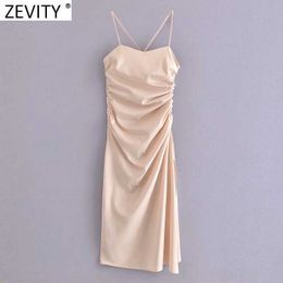 Zevity Women Sexy Side Zipper Drawstring Lace Up Satin Midi Camisole Dress Ladies Spaghatti Strap Dresses Vestidos Mujer DS8253 210603