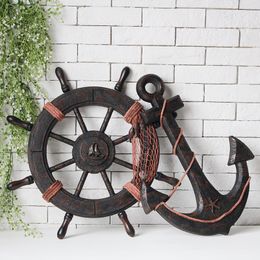 Mediterranean Style Fashion Ship Wooden Boat Beach VINTAGE Wood Steering Wheel Nautical Fishing Net Home Wall Decor Gifts 210318