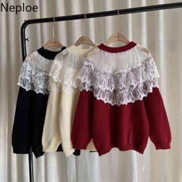 Neploe Woman Sweaters Sweet Off Shoulder Heavy Lace Patchwork Knitt Pullovers Tops Winter Clothes Korean Loose Chic Sueter Femme 210422
