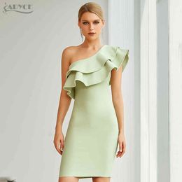 Summer Women One Shoulder Ruffles Mini Bandage Dress Sexy Sleeveless Green Club Celebrity Runway Party Lady 210423