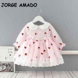 Spring Kids Girls Dress Embroidery Strawberry Lace Collar with Bow Princess Dresses Children Clothes E09159 210610
