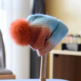 Woman Real Fox Fur Ball Hats Rabbit Fur Winter Hat Cap For Women Warm Fur Pom Poms Ski Hat Two Colour Stitching Beanies Hat