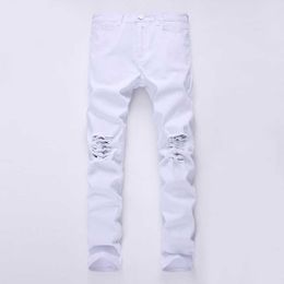 2020 mens Knee hole stretch jeans Destroyed men Jeans High Street hip hop cowboy pants male motorcycle zip Denim pencil trousers X0621