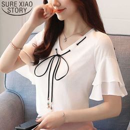 Fashion women blouse and tops ladies tops white blouse shirts chiffon blouse bow harajuku short sleeve V-Neck Solid 3912 50 210527